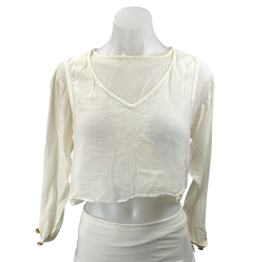 Dorothy Schoelen Cream Long Sleeve Boxy V Neck Pullover Crop Blouse Top Size XXS